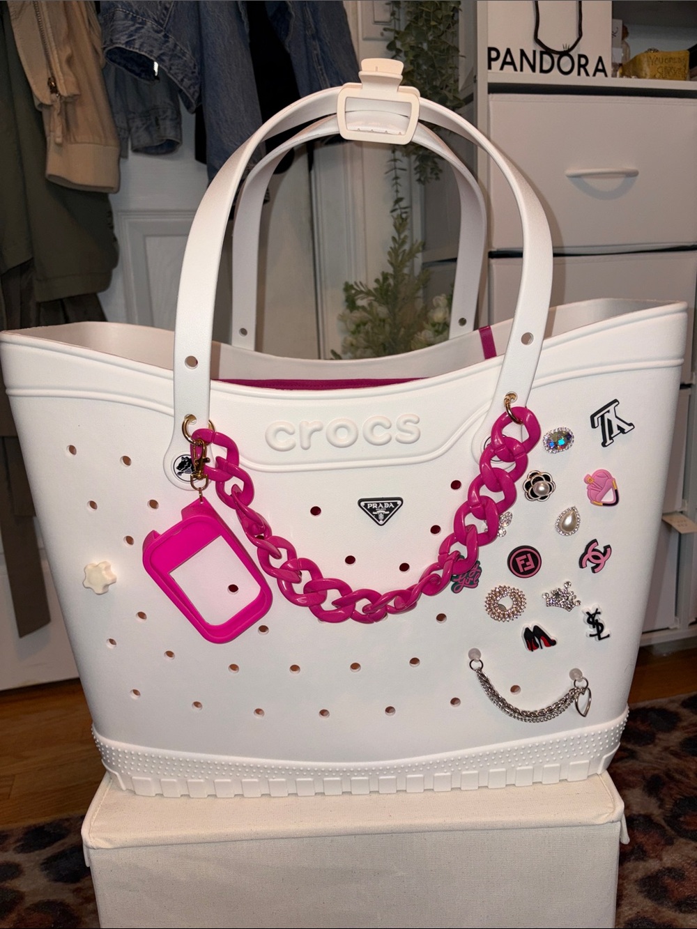 CROCS White Tote with Hot Pink Chain Accent and Charms